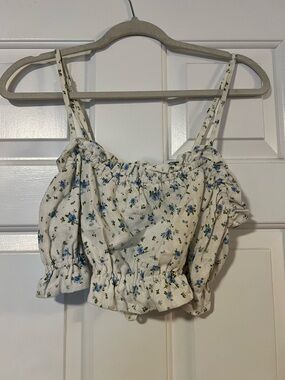 wild fable White Floral Smocked Blue Flower Crop Top